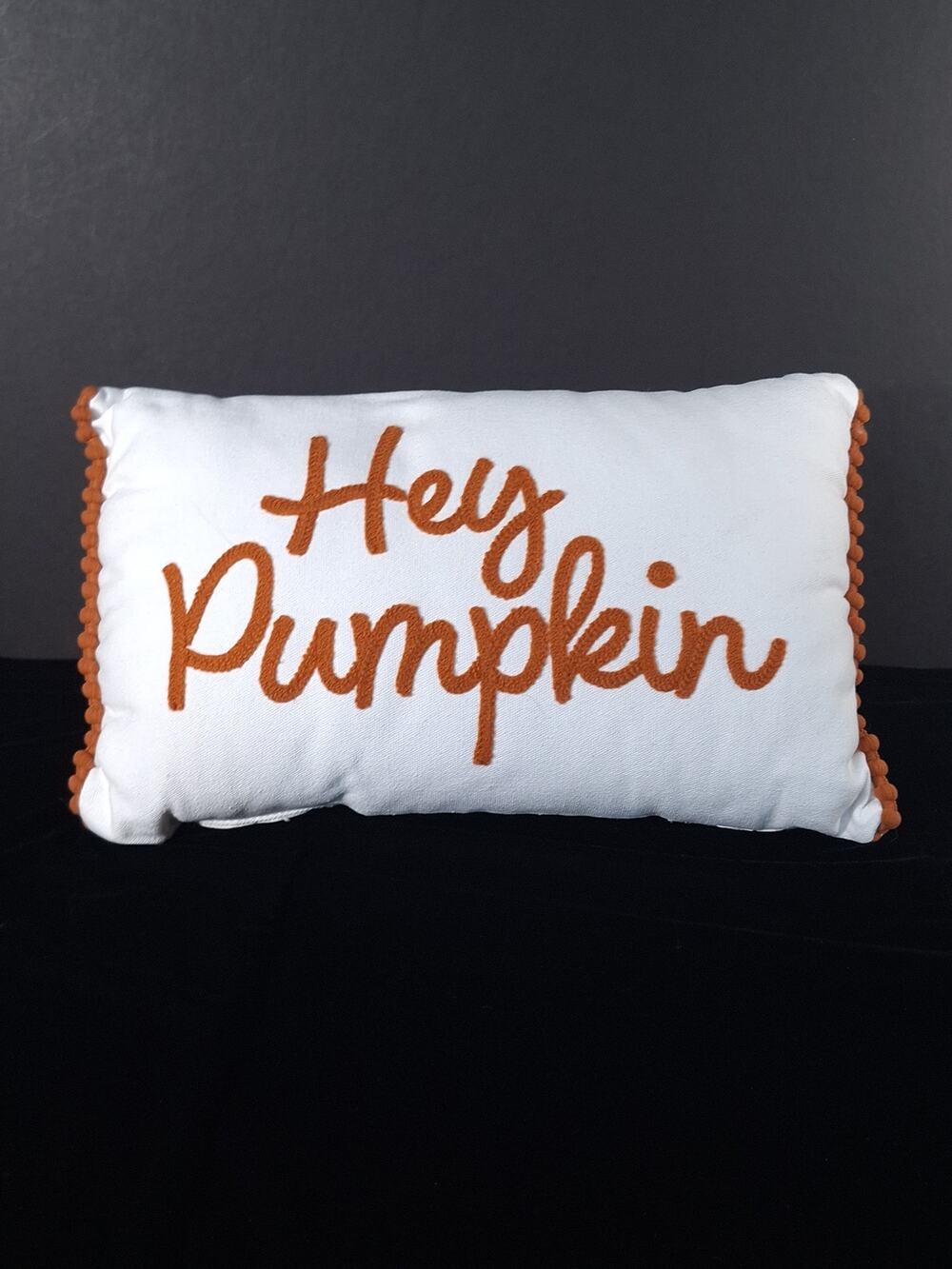 Target Bullseye Hey Pumpkin Fall Throw Pillow 15x10 Orange White Pom Trim Decor